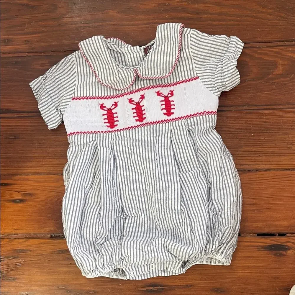 Stitched & Smocked crawfish embroidered seersucker striped bubble romper sz 12